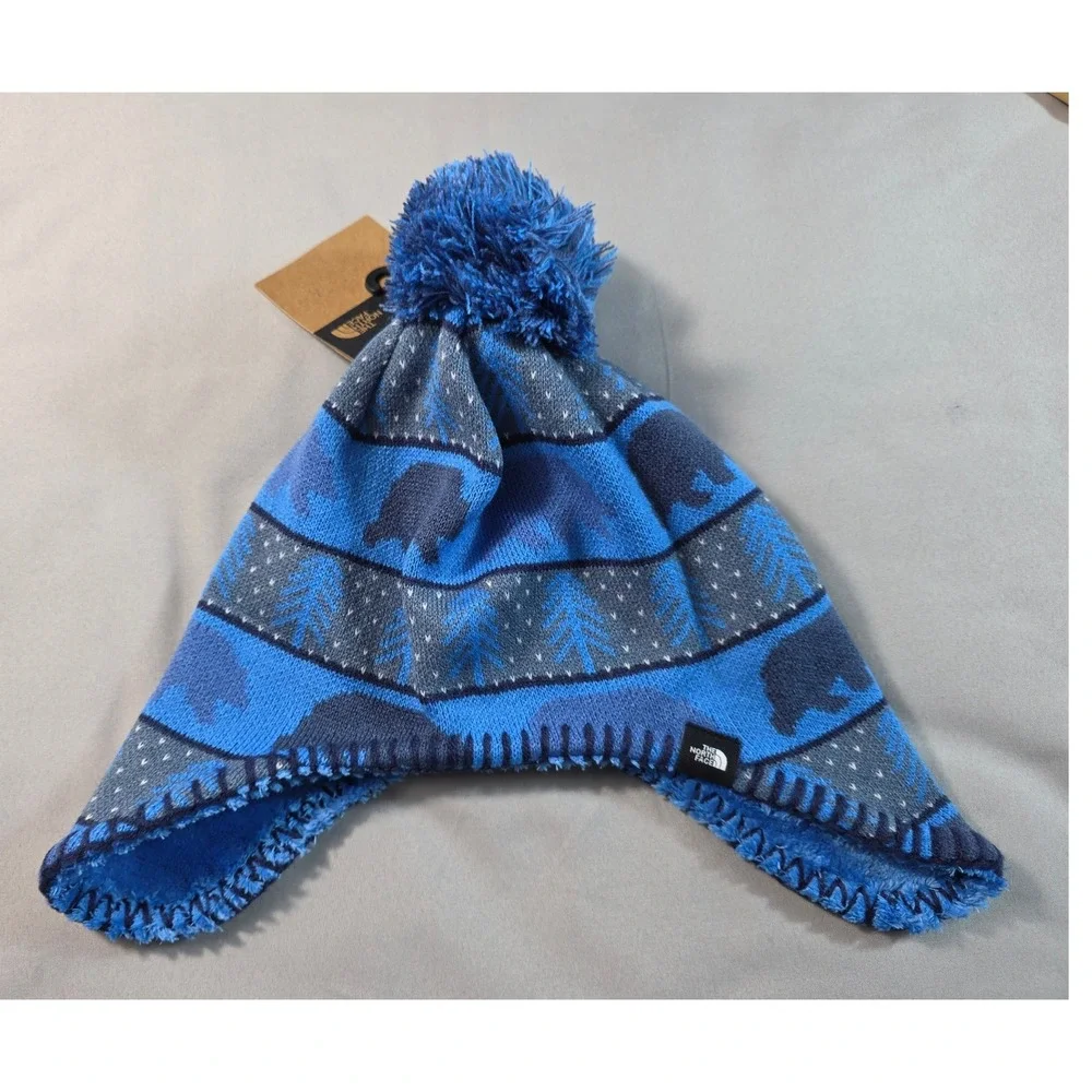 The North Face Faroe Beanie Bear Print Toddler M (4T-5T) Knit Earflap Hat NEW
